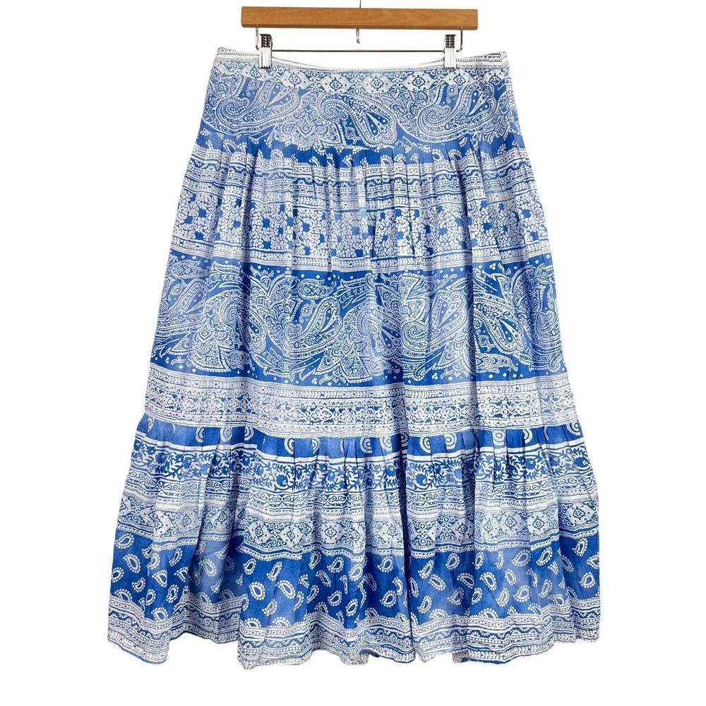 BOHO TRENDY VTG Jones New York Blue White Pleated FLOWY BACK Zip Midi Skirt 10